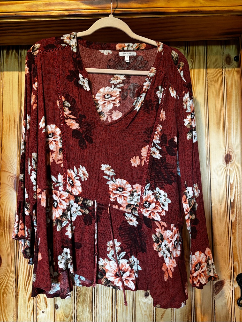 Mauriceโs V-Neck Peplum Blouse - Burgundy Floral